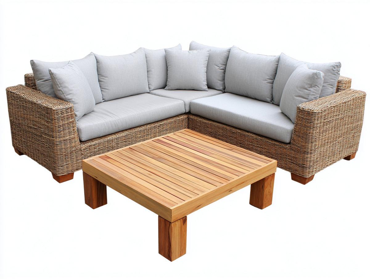 Canapé de jardin - Fibres tressées-Tissu-Bois - 258 x 258 x 79 cm - Naturel-Gris clair - Style contemporain