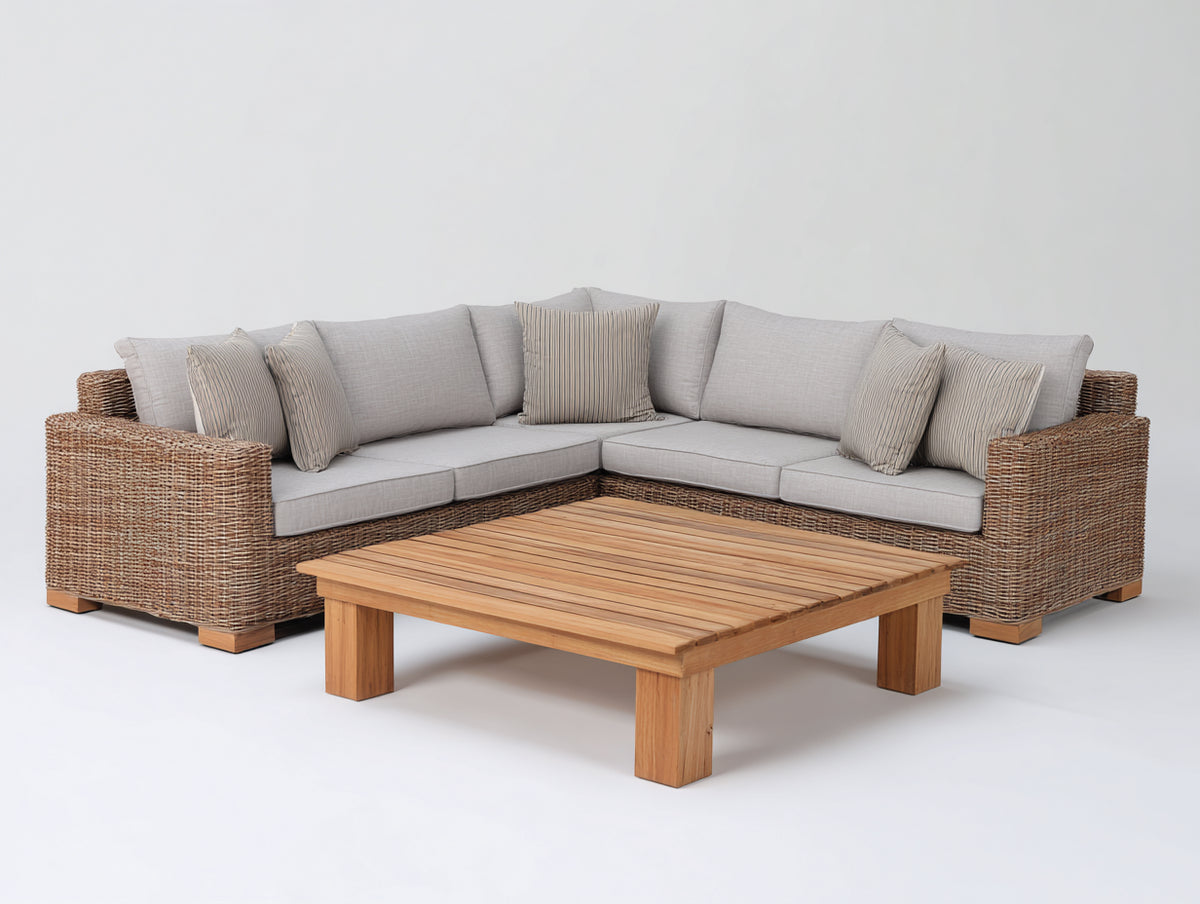 Canapé de jardin - Fibres tressées-Tissu-Bois - 270 x 270 x 80 cm - Naturel-Gris clair - Style naturel