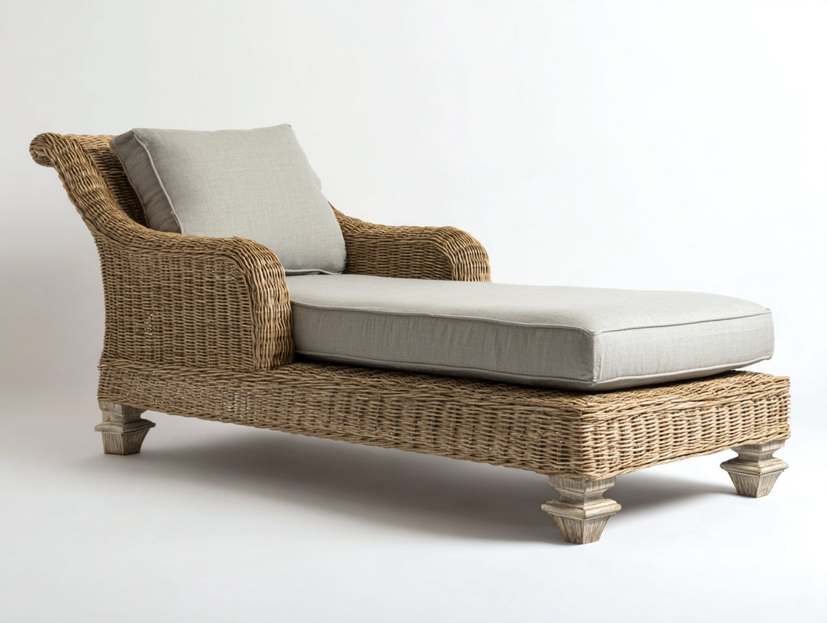 Bain de soleil - Rotin tressé-Tissu - 186 x 78 x 99 cm - Brun naturel-Beige - Style rustique