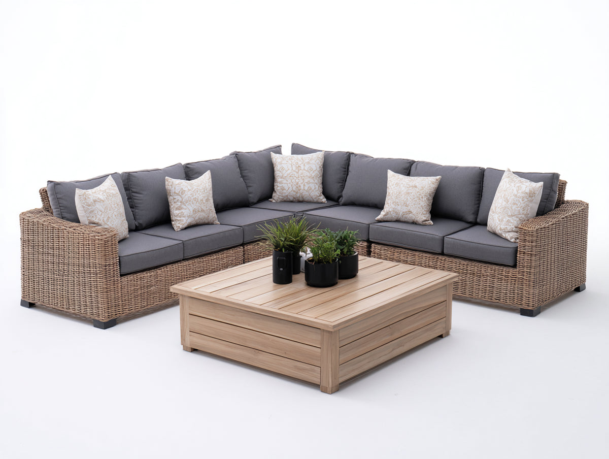 Canapé de jardin - Fibres tressées-Tissu-Bois - 282 x 282 x 80 cm - Naturel-Anthracite - Style contemporain