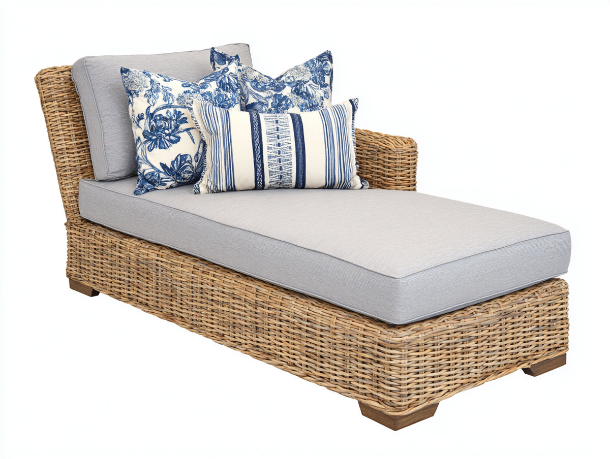 Bain de soleil - Rotin tressé-Tissu - 191 x 81 x 91 cm - Brun miel-Gris clair - Style bord de mer