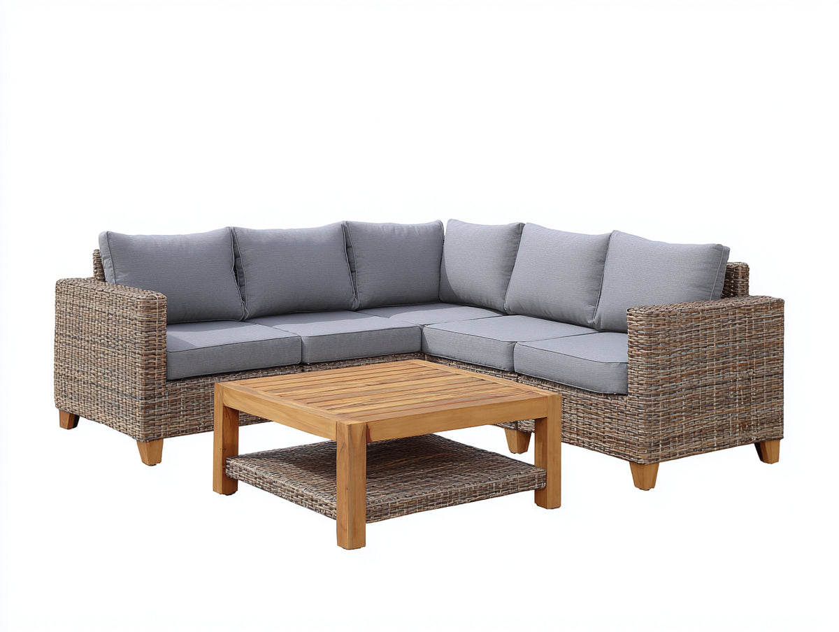 Canapé de jardin - Fibres tressées-Tissu-Bois - 260 x 260 x 78 cm - Taupe-Gris - Style moderne