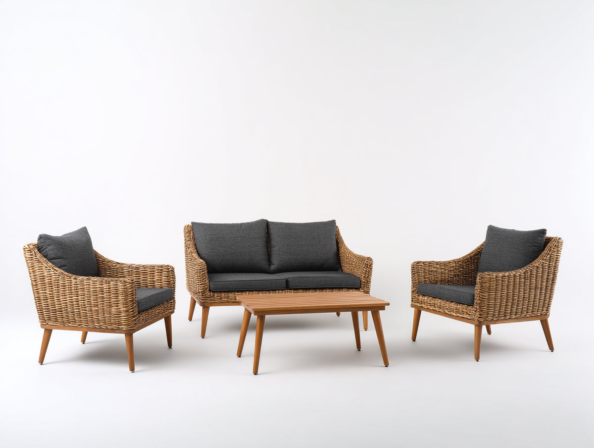 Canapé de jardin - Fibres tressées-Tissu-Bois - 148 x 79 x 82 cm - Naturel-Anthracite - Style moderne