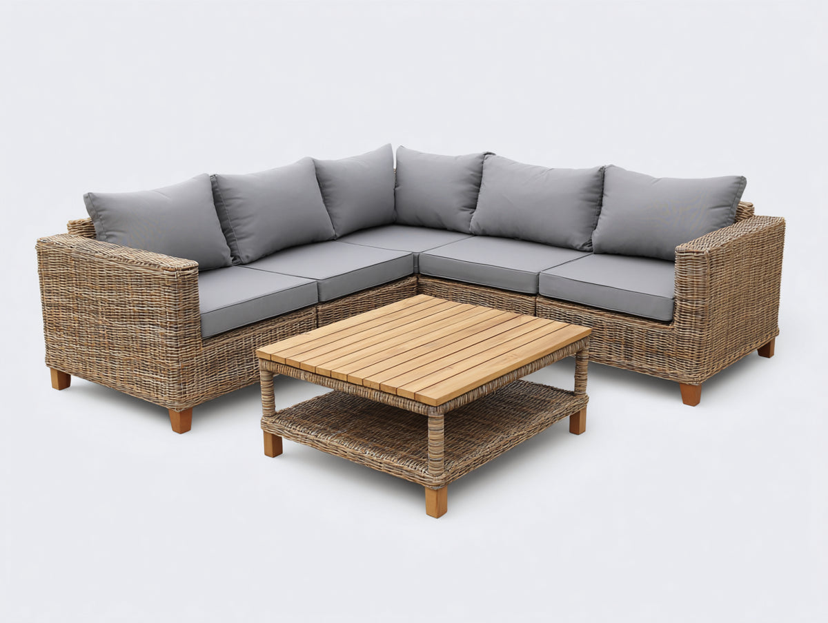 Canapé de jardin - Fibres tressées-Tissu-Bois - 264 x 264 x 80 cm - Naturel-Gris - Style moderne