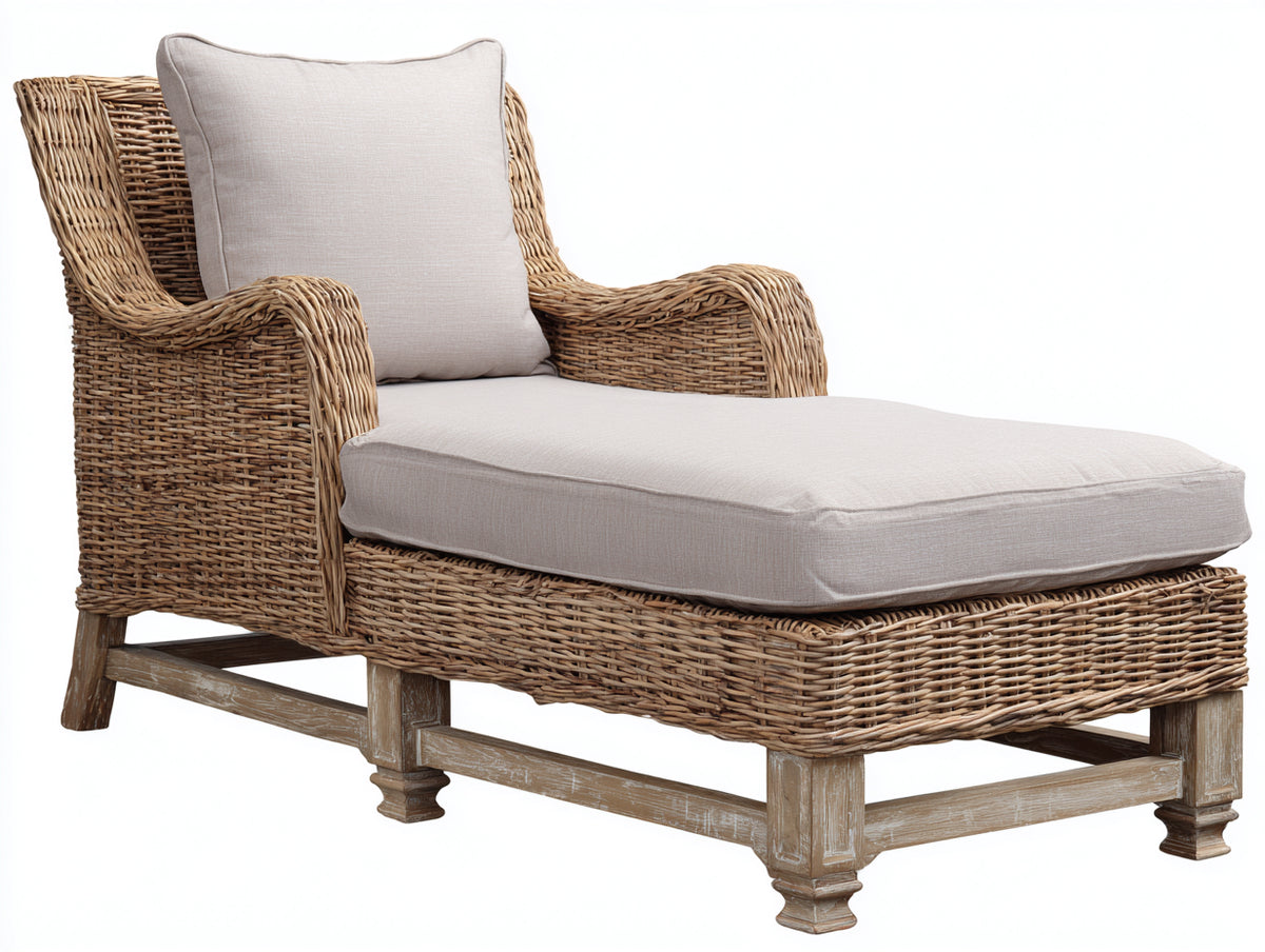 Bain de soleil - Rotin tressé-Tissu-Bois - 176 x 79 x 101 cm - Brun naturel-Beige-Brun patiné - Style campagne