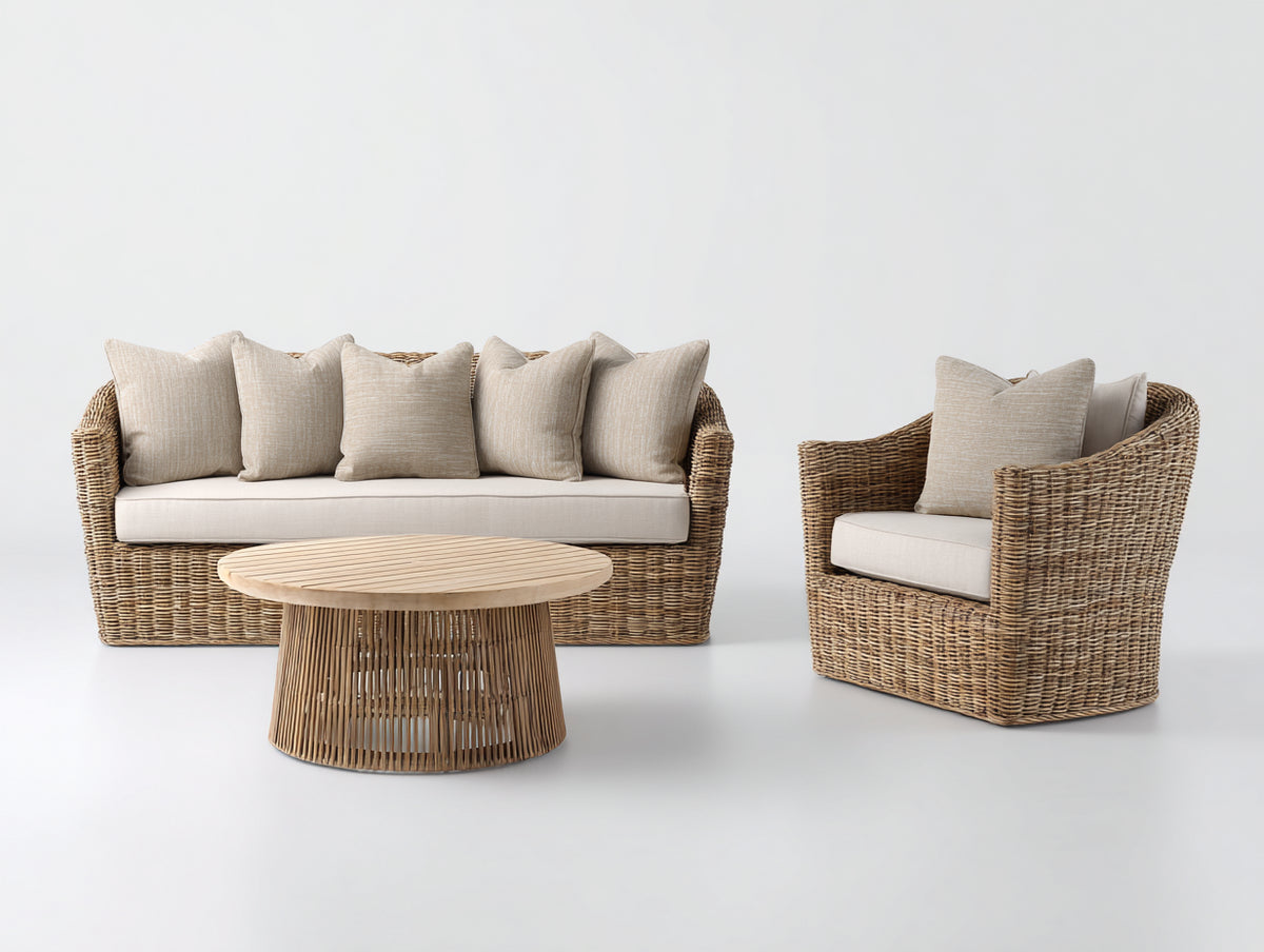 Canapé de jardin - Fibres tressées-Tissu-Bois - 190 x 90 x 83 cm - Naturel-Crème - Style organique