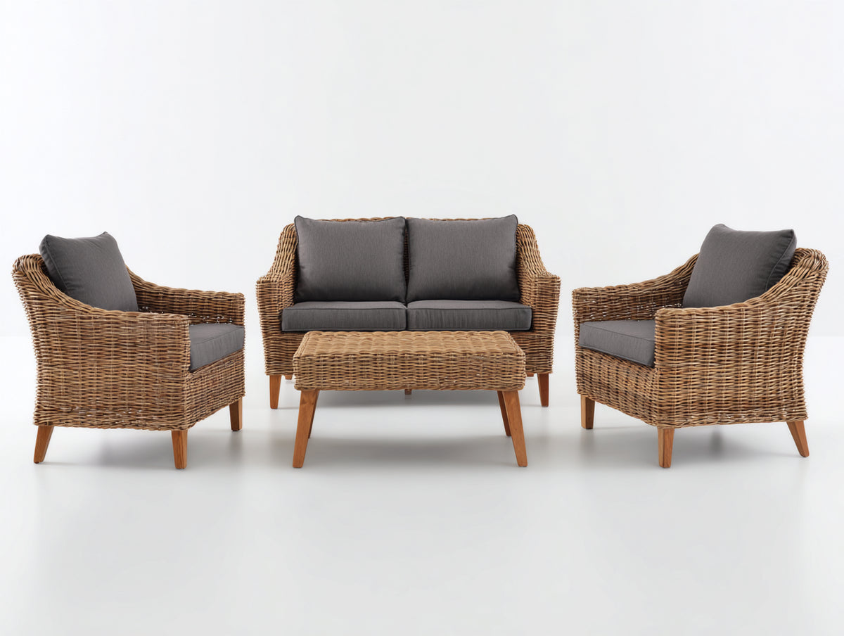 Canapé de jardin - Fibres tressées-Tissu-Bois - 152 x 82 x 84 cm - Naturel-Anthracite - Style moderne