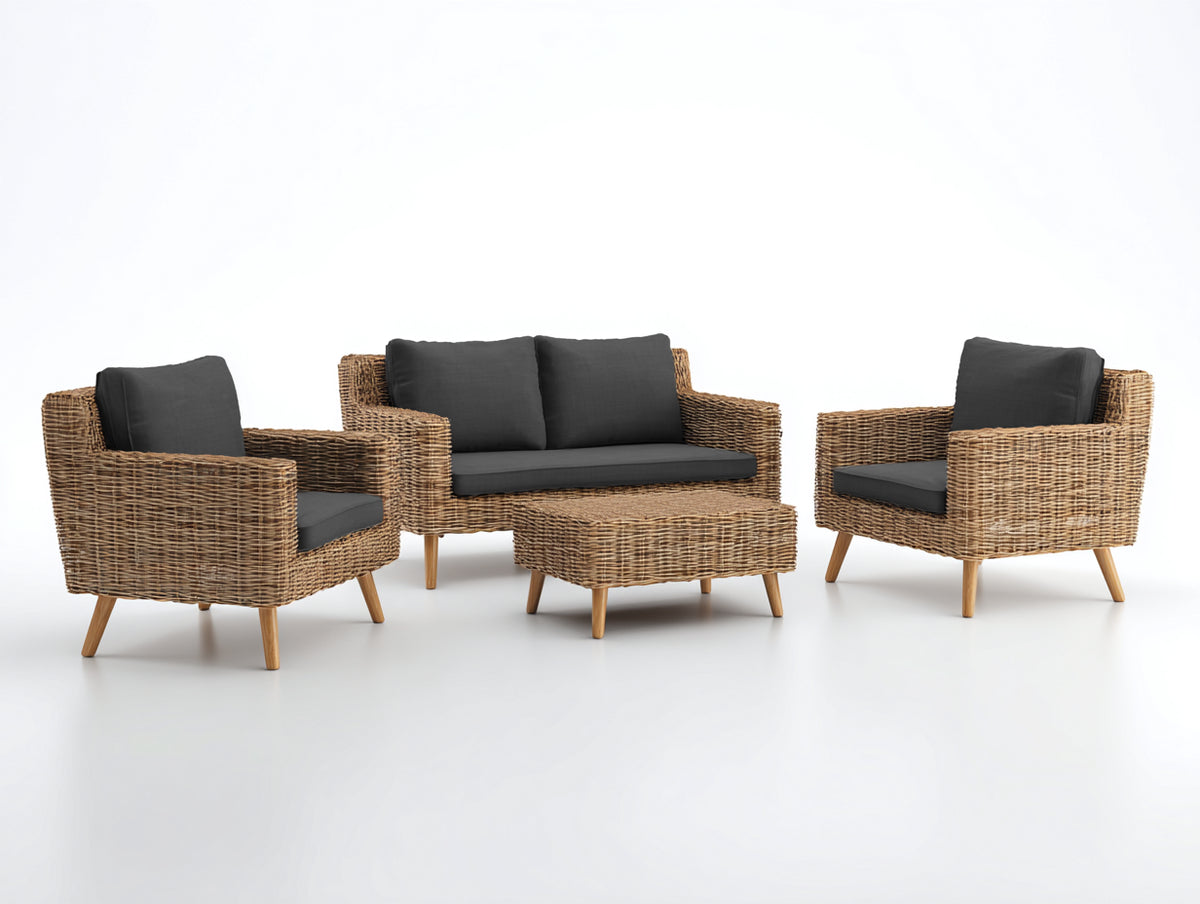 Canapé de jardin - Fibres tressées-Tissu-Bois - 155 x 82 x 84 cm - Naturel-Anthracite - Style moderne