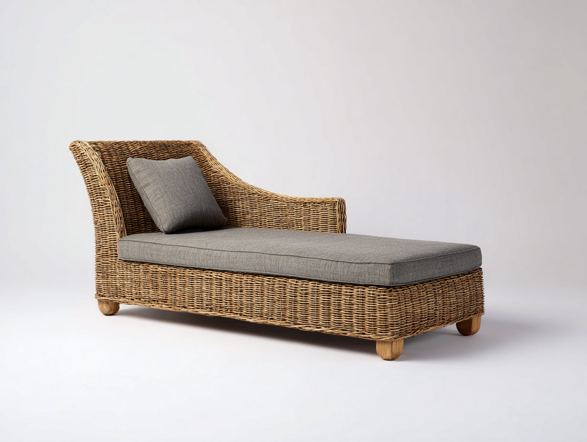 Bain de soleil - Rotin tressé-Tissu - 182 x 81 x 92 cm - Brun naturel-Gris - Style naturel