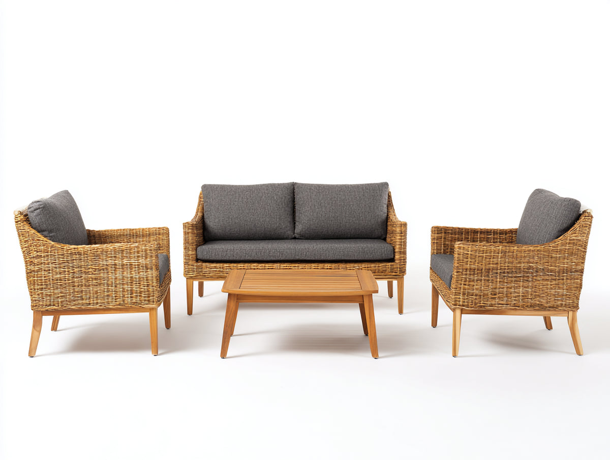 Canapé de jardin - Fibres tressées-Tissu-Bois - 158 x 82 x 84 cm - Naturel-Anthracite - Style moderne